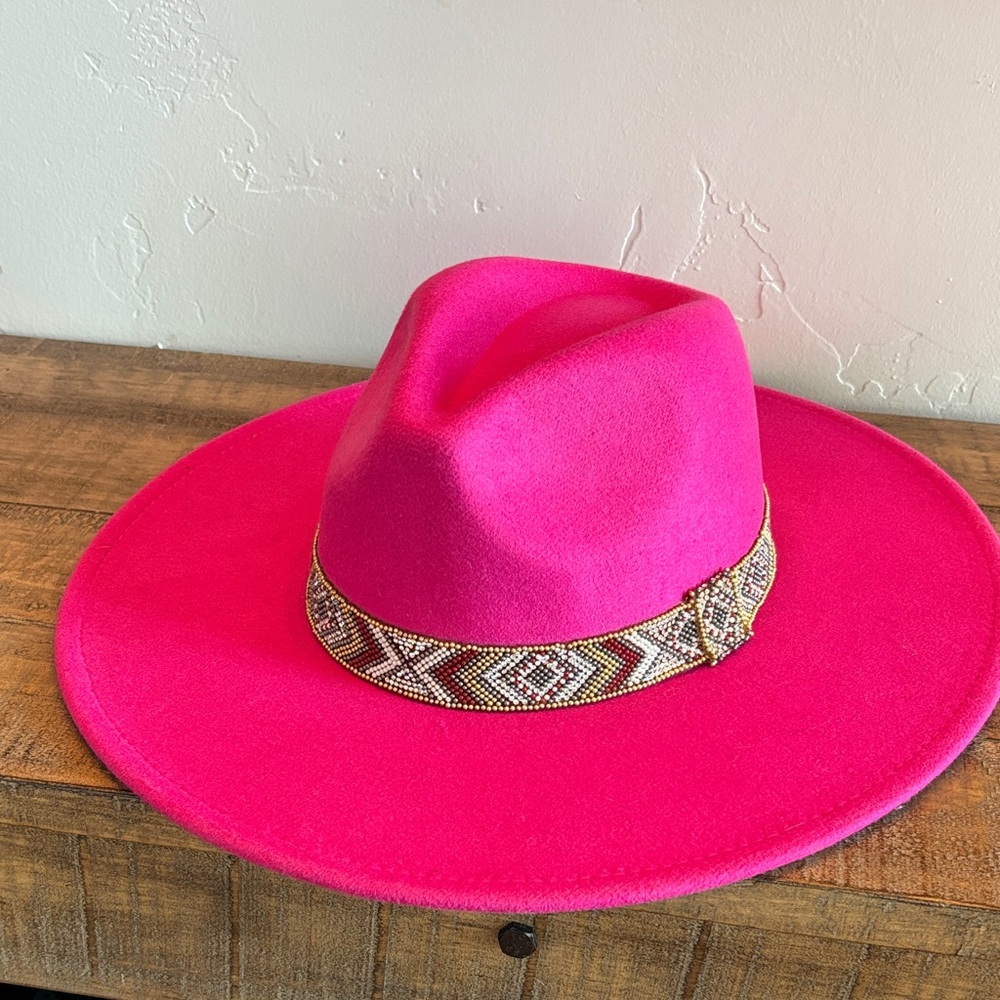 Vibrant Pink Wide-Brim Hat with Patterned Band
